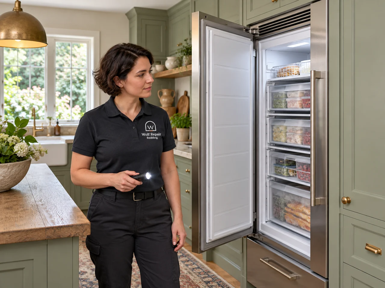 Illustration of a technician wearing the Wolf Repair Redding logo beside a Monogram freezer